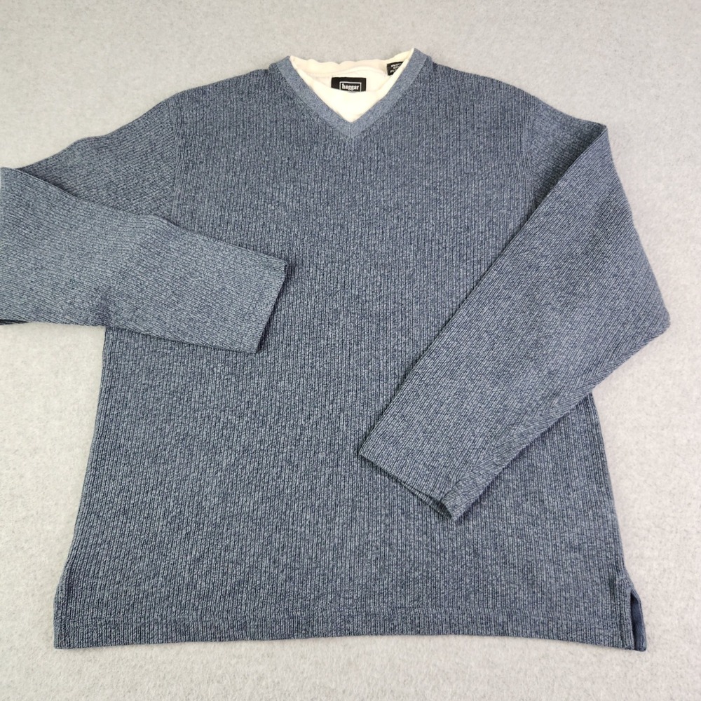 Haggar Sweater Mens Medium Blue Ribbed Knitted Long Sleeve Side Slit V-Neck